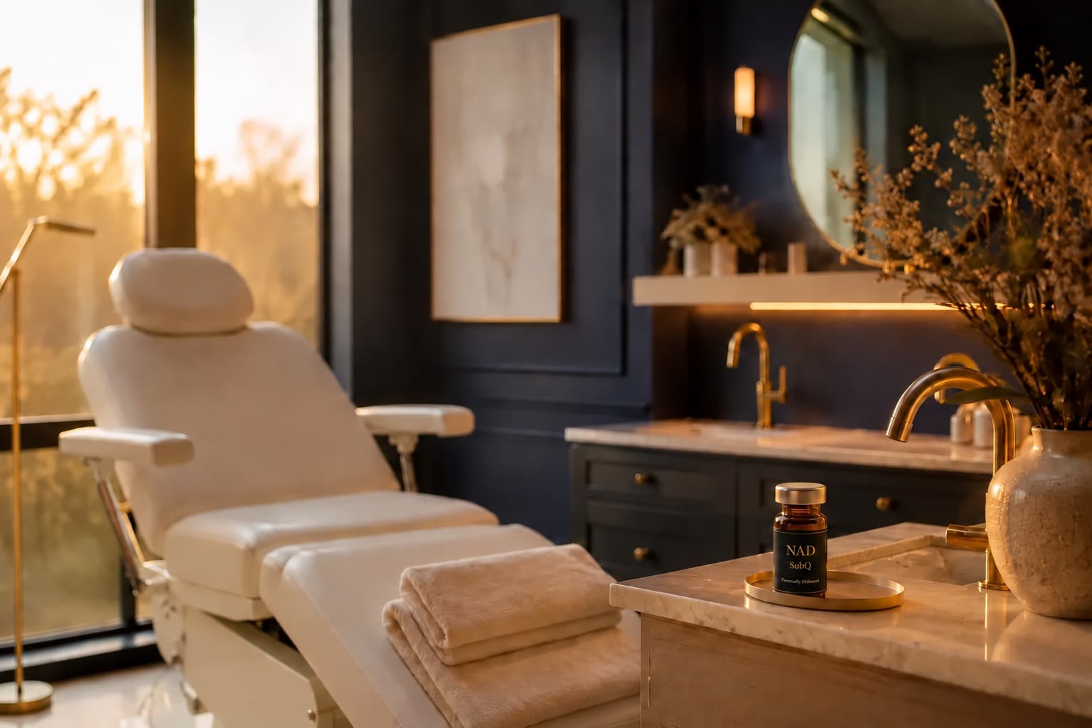 Med spa treatment room at golden hour with a cream treatment chair, folded towels, brass fixtures, and an amber NAD vial on a marble counter.